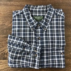 Eddie Bauer long sleeve navy plaid shirt. Size XL-tall